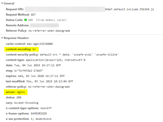 Captura de los headers de una petición servida con esta solución, los resaltados incluyen la codificación del contenido 'br' y el servidor 'nginx' que la sirve