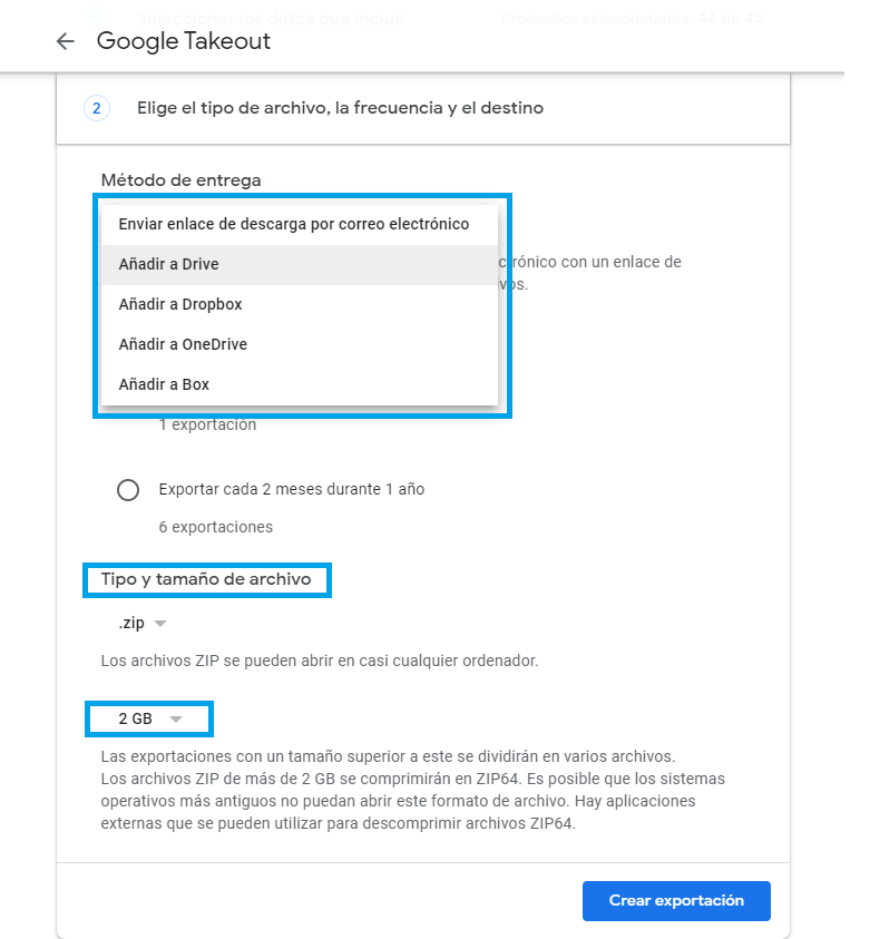 Configuración Google Takeout